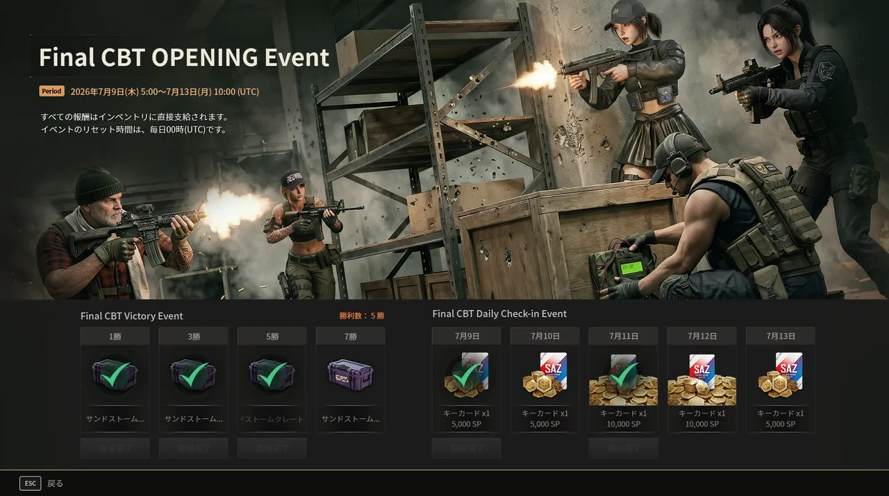 The Final CBT OPENING Event screen in SAZ: Victory Event win-count rewards and Daily Check-in key card and SP rewards