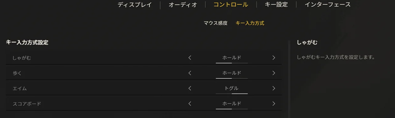 SAZのキー入力方式設定画面。しゃがみホールド・エイムトグル