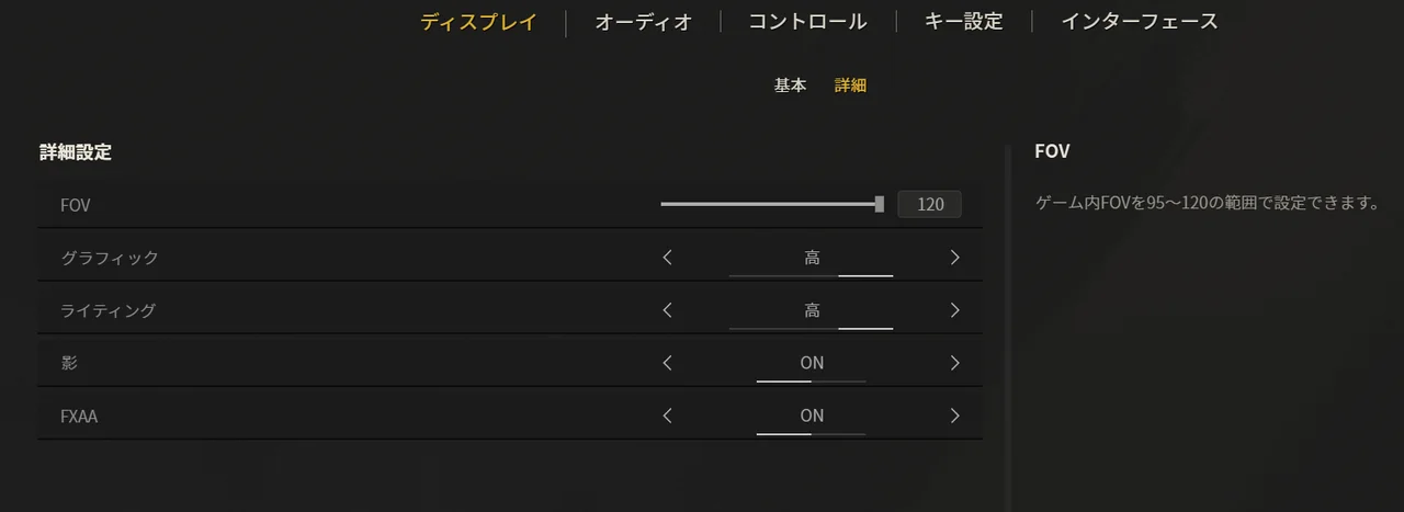 SAZのディスプレイ詳細設定画面。FOV120・グラフィック高・ライティング高・FXAA ON