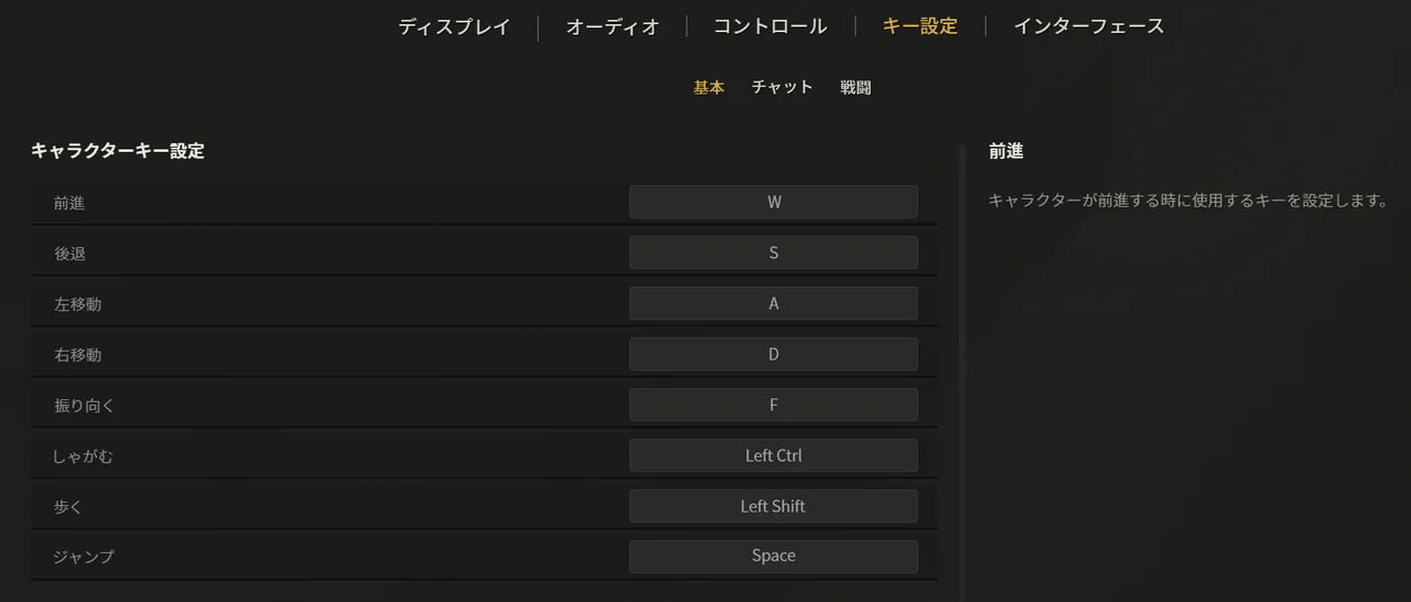 SAZのキー設定画面。前進W・後退S・左移動A・右移動D、振り向くF、しゃがむLeft Ctrl、歩くLeft Shift、ジャンプSpace