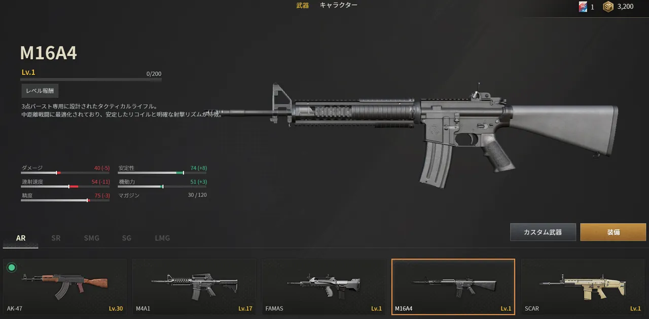 SAZのM16A4武器詳細画面。ダメージ40・連射速度54・精度75