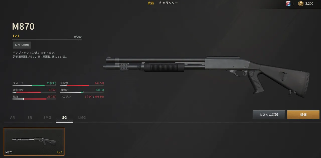 SAZのM870武器詳細画面。ダメージ75・連射速度8・マガジン6発