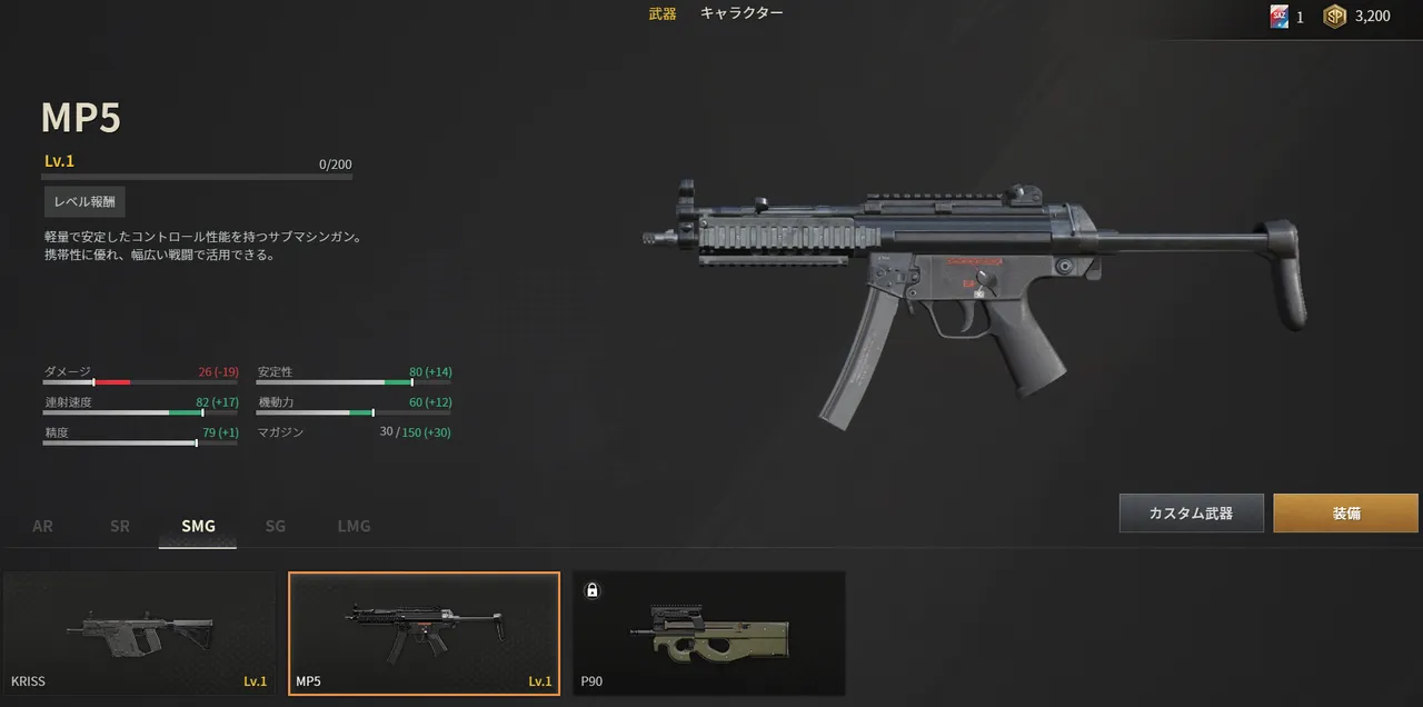 SAZのMP5武器詳細画面。ダメージ26・連射速度82・安定性80・機動力60
