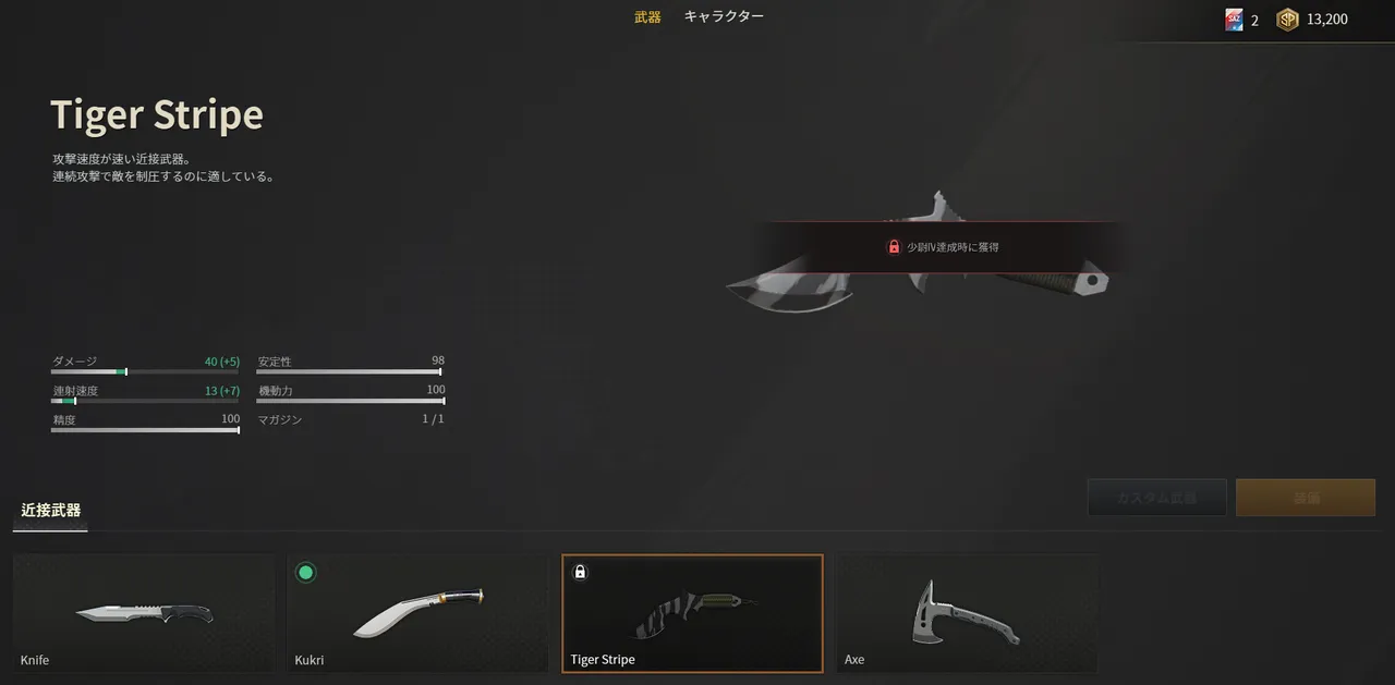 SAZのTiger Stripe武器詳細画面。ダメージ40・攻撃速度13のナイフ
